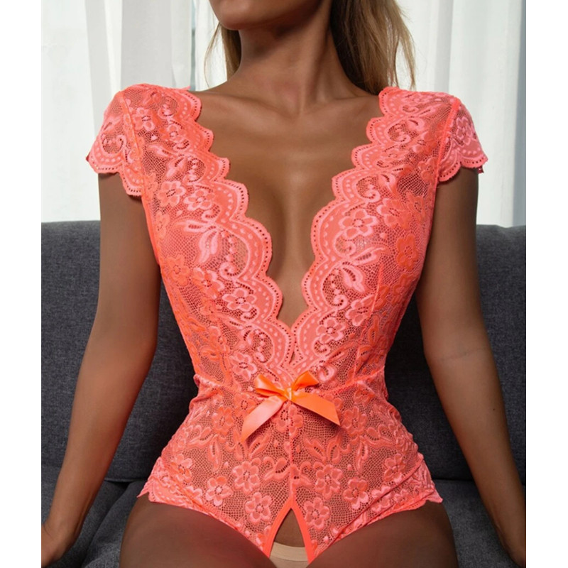 Dropshipping Profundo V Flozo de una sola pieza Lencería de cordón Transparente ropa de dormir Body Lencería Sexy Material de las mujeres Spandex/Algodón · Encaje de decoración
